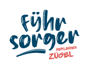 Schriftzug "Führsorger" in dunkelblauer Pinselschrift mit Herzchen auf dem Ü, darunter der rote Slogan "VERLEIHEN ZÜGEL".