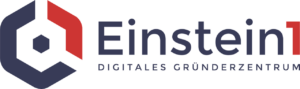 "Logo von Einstein1, Digitales Gründerzentrum. Das Bild zeigt links ein stilisiertes, hexagonales Symbol in Dunkelblau und Rot. Rechts daneben steht der Schriftzug 'Einstein' in Dunkelblau und die Ziffer '1' in Rot. Darunter befindet sich die Zeile 'DIGITALES GRÜNDERZENTRUM' in Großbuchstaben."