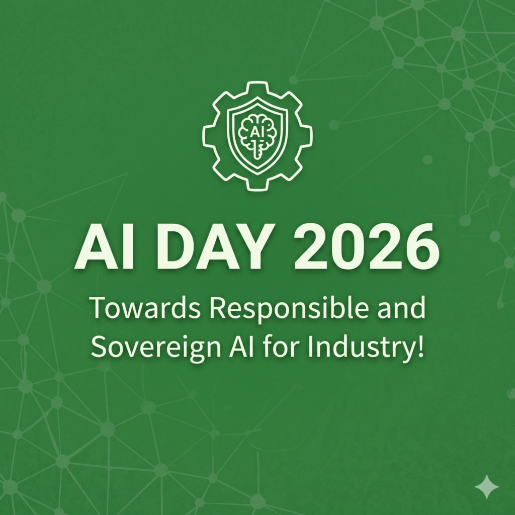 Quadratische Event-Grafik in Grün für den AI Day 2026. Der Text lautet: "AI DAY 2026 - Towards Responsible and Sovereign AI for Industry!". Über dem Text befindet sich ein Icon, das ein Gehirn innerhalb eines Zahnrads und Schutzschilds zeigt – ein Symbol für sichere, industrielle Künstliche Intelligenz.